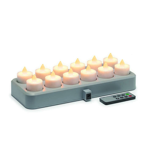 Remote Controlled set of 12 Rechargeable LED Flicker Tealights in Candlelight Colour Remote Controlled set of 12 Rechargeable LED Flicker Tealights in Candlelight Colour