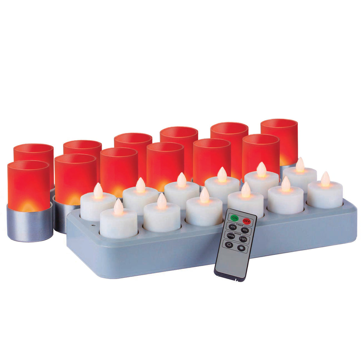 Remote Controlled set of 12 Rechargeable LED Flicker Tealights in Candlelight Colour with Frosted Red Ambeo Lamps
