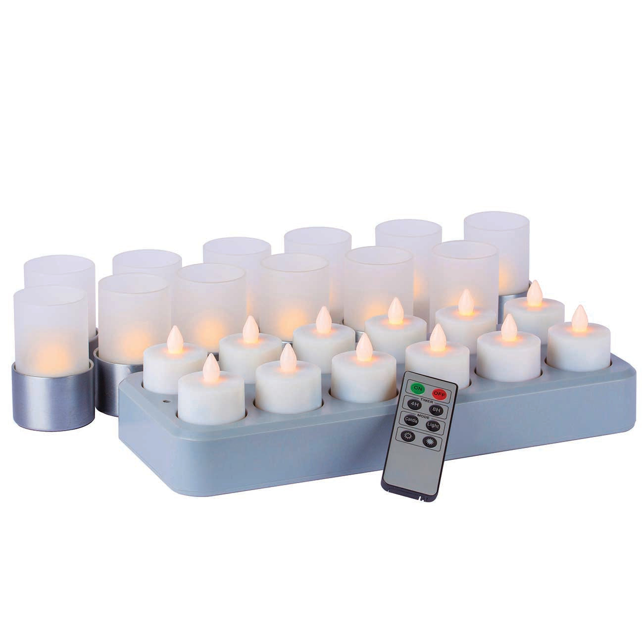 Remote Controlled set of 12 Rechargeable LED Flicker Tealights in Candlelight Colour with Frosted Ambeo lamps